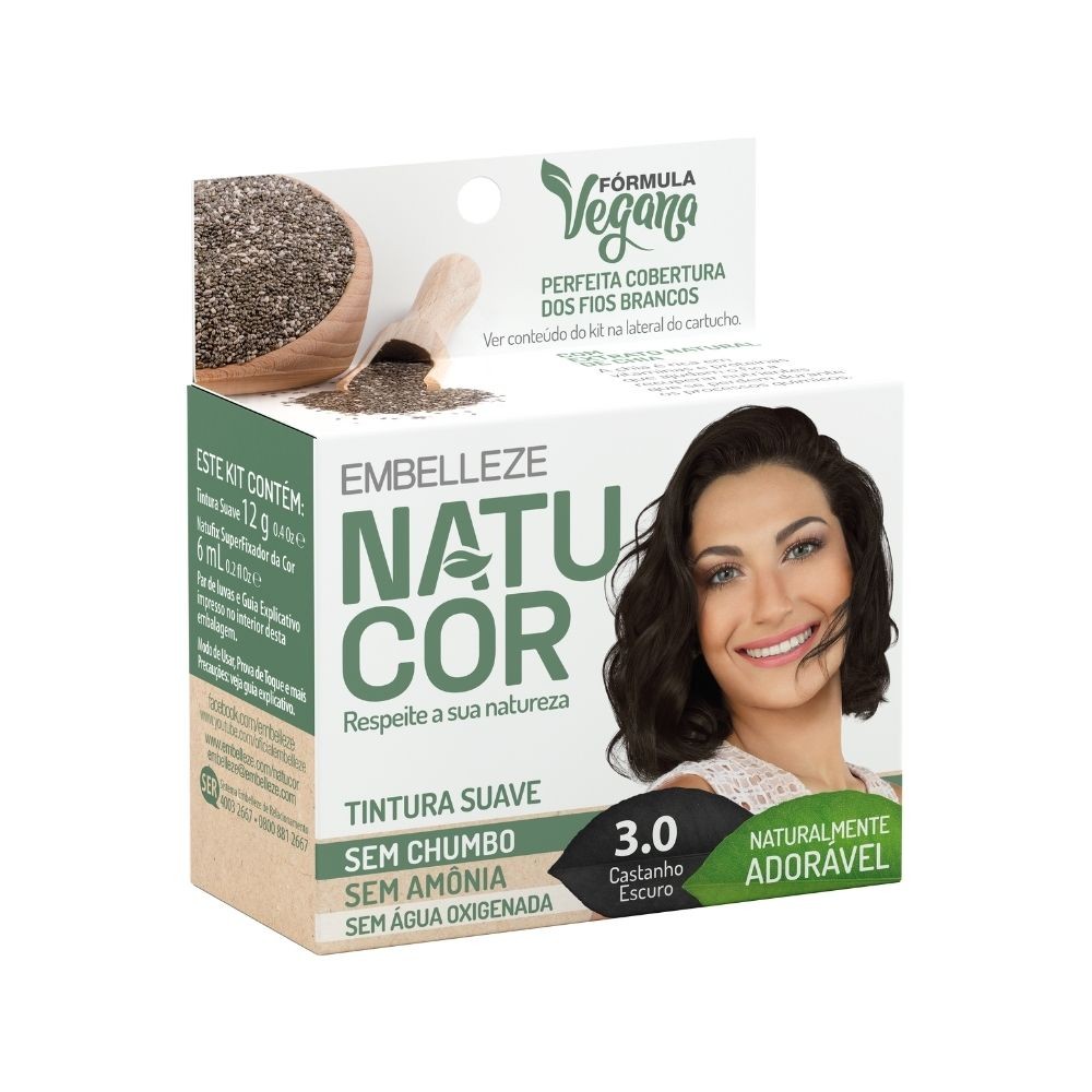 Tintura Pó Natucor Embelleze Castanho Escuro 3.0 Kit - Beauty
