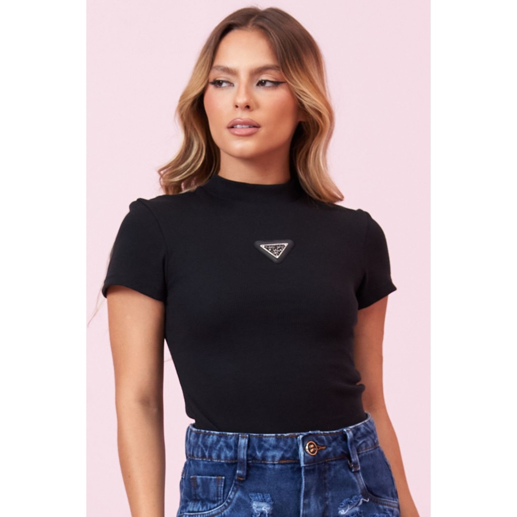 Blusa Feminina Com Aplique de Metal Planet Girls Preto - Women Clothes