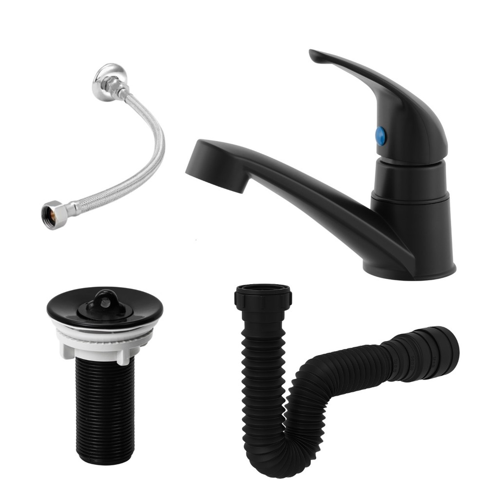 kit torneira banheiro bancada abs Preta + válvula 7/8 Preta + engate 30cm + sifão Preto