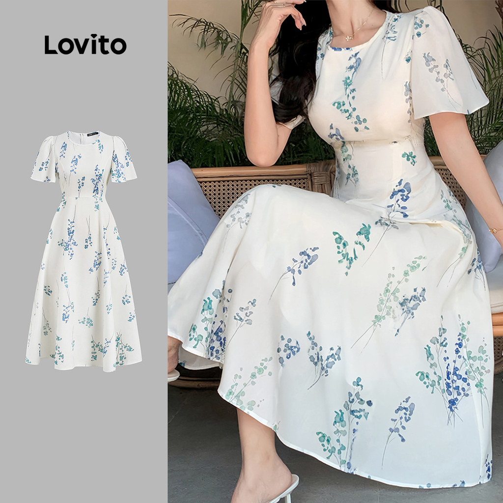 (New Lovito) Vestido Elegante de Flores para Primavera/verão para mulheres L143ED148 em Oferta na Shopee