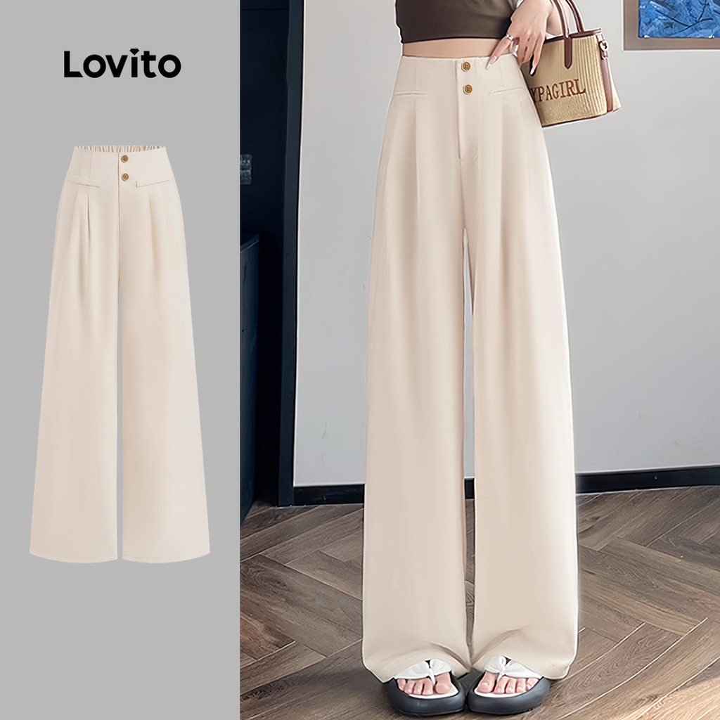 (New) Lovito Calças Casuais com Botão e Zíper  Calças Caqui para Mulheres em Todas As Estações L142ED284 em Oferta na Shopee