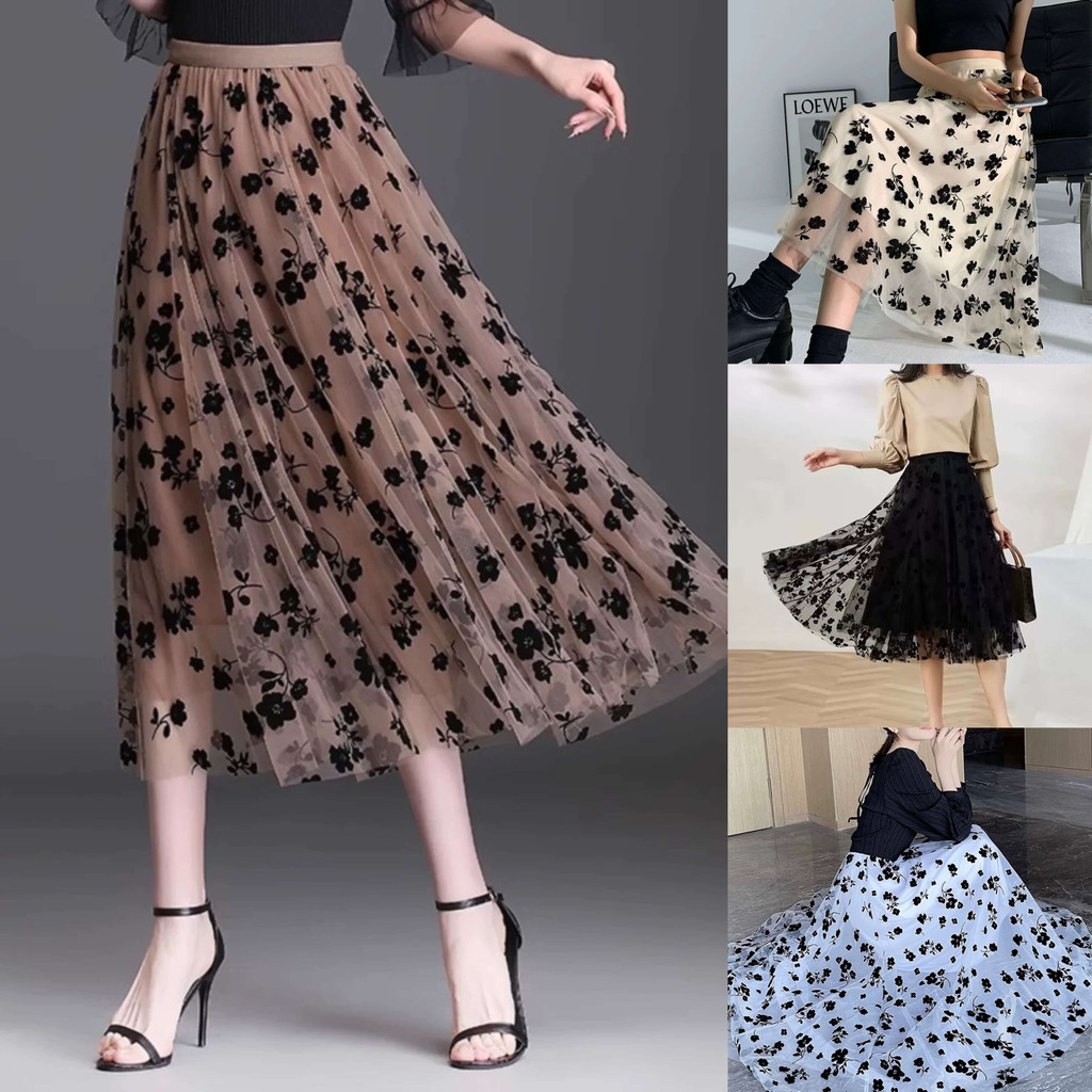 Saia Midi de Tule com Flores Preto para datas, festas ou no dia a dia Wk-59 em Oferta na Shopee