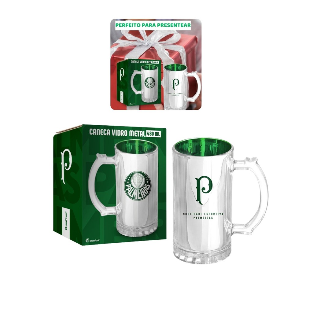 Caneca Vidro Reforçado Metalic 480ml Cerveja Chopp Time Clube Palmeiras Oficial Presente