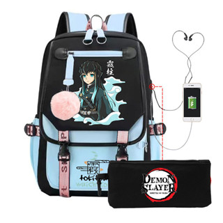 Anime mochila versão coreana Tokitou Muichirou mercadoria Demon Slayer mochila conjunto estudante lápis caso em Oferta na Shopee