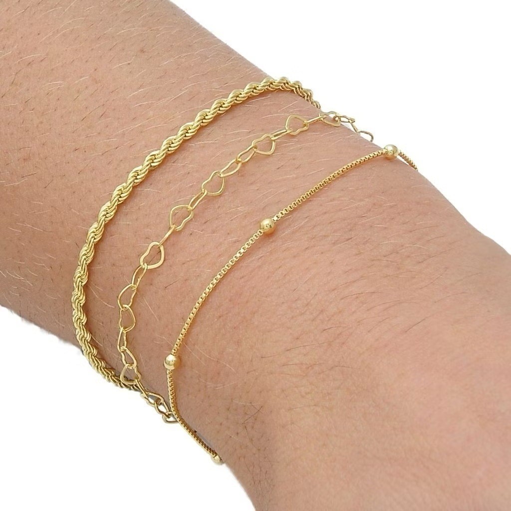 Kit 3 pulseiras de contas em forma de coração, banhadas a prata 925 ou ouro 18K em Oferta na Shopee