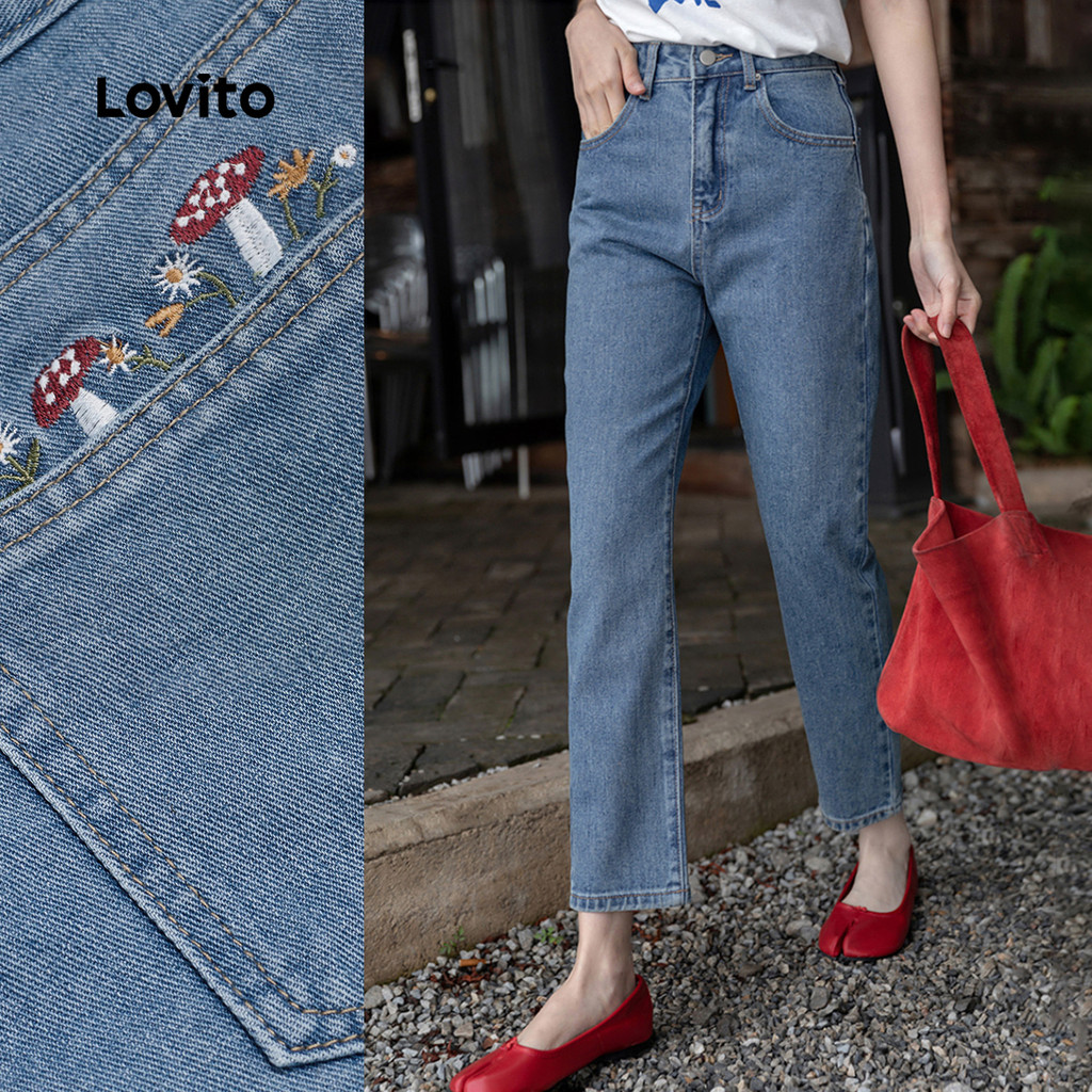 (New) Lovito Jeans Casuais Bordados Primavera/verão Jeans Azuis para Mulheres L151AD121 em Oferta na Shopee