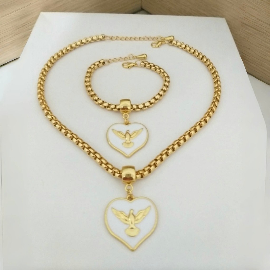 Kit Conjunto Colar e Pulseira Elo Português Pingente Divino Espirito Santo em banhado Ouro 18k