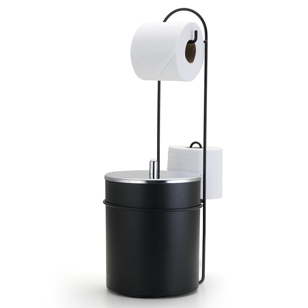 Suporte De Chão Para Papel Higiênico C/ Lixeira Tampa Inox Arthi Preto ref2518