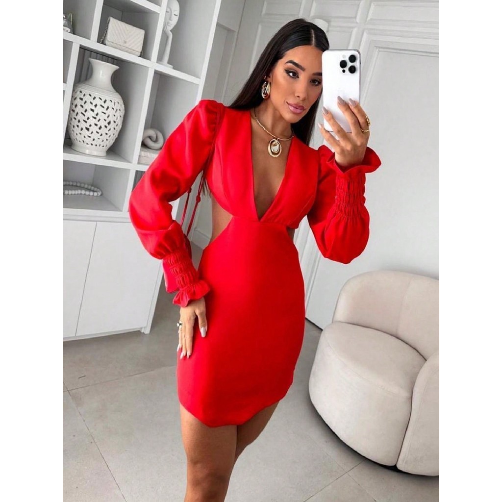 Vestido feminino NOVO manga longa babado decote em v frontal abertura lateral tecido alfaiataria confortável elegante