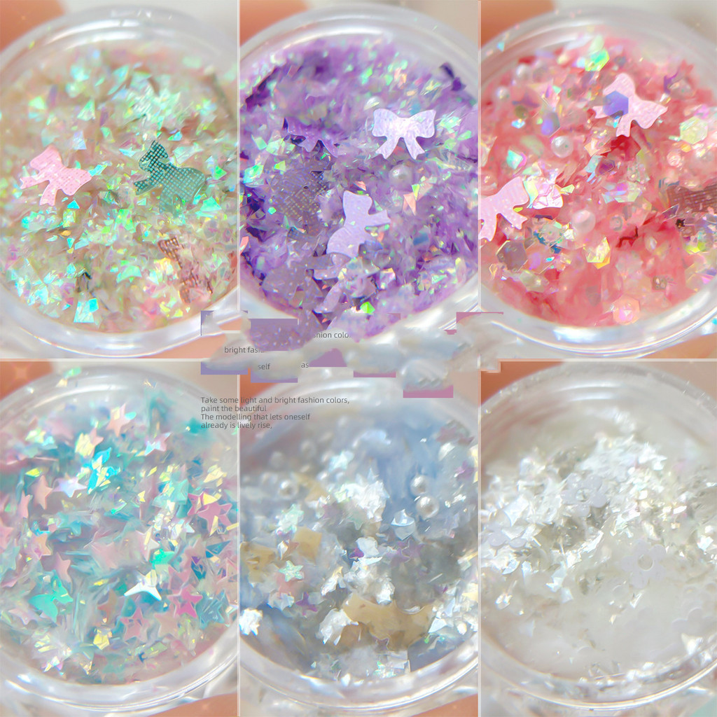 Manicure lantejoulas pintura a óleo arco cor misturada Glitter estrela flor fantasia decoração de unhas opala nuvem broc