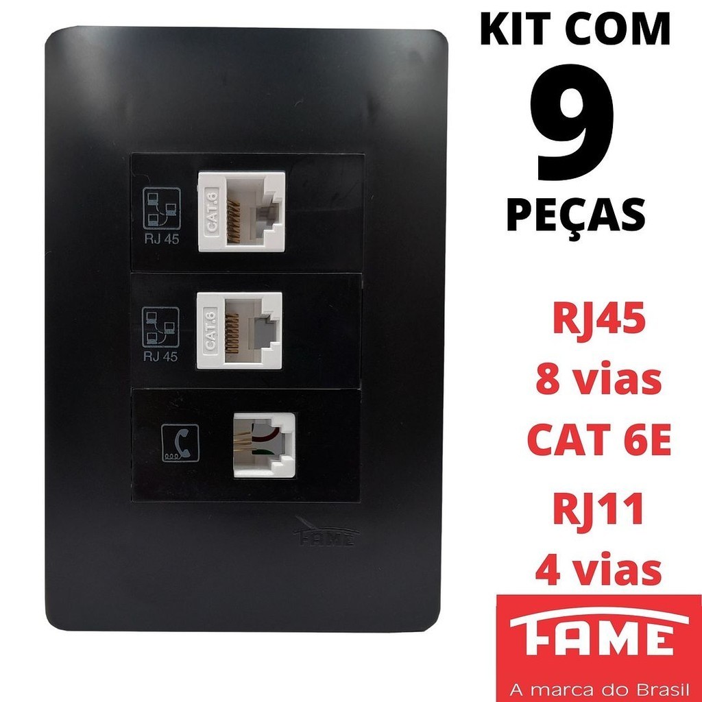9un Tomada VD RJ11 4 Vias RJ45 CAT 6E 8 Vias Dupla Com Placa Habitat Black Preto FAME