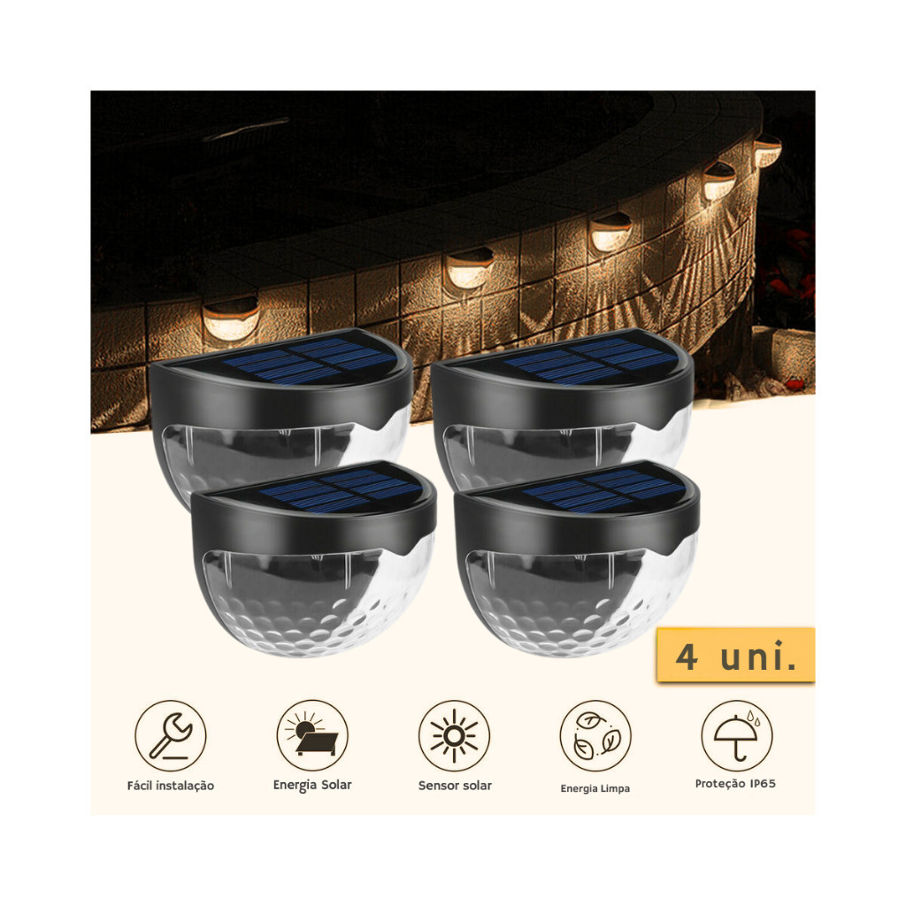 Kit 4 6 8 Luminárias Solares LED de Parede para Área Externa Jardim Quintal Escada Varanda