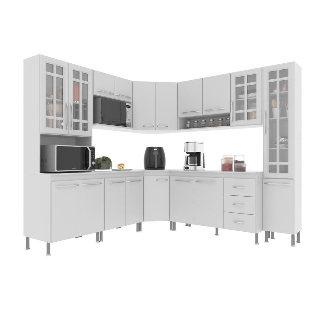 Detalhes do Cozinha Modulada Completa Fidelitá Viena 8 Peças 445cm 18 Portas 3 Gavetas Com Tampo Branco