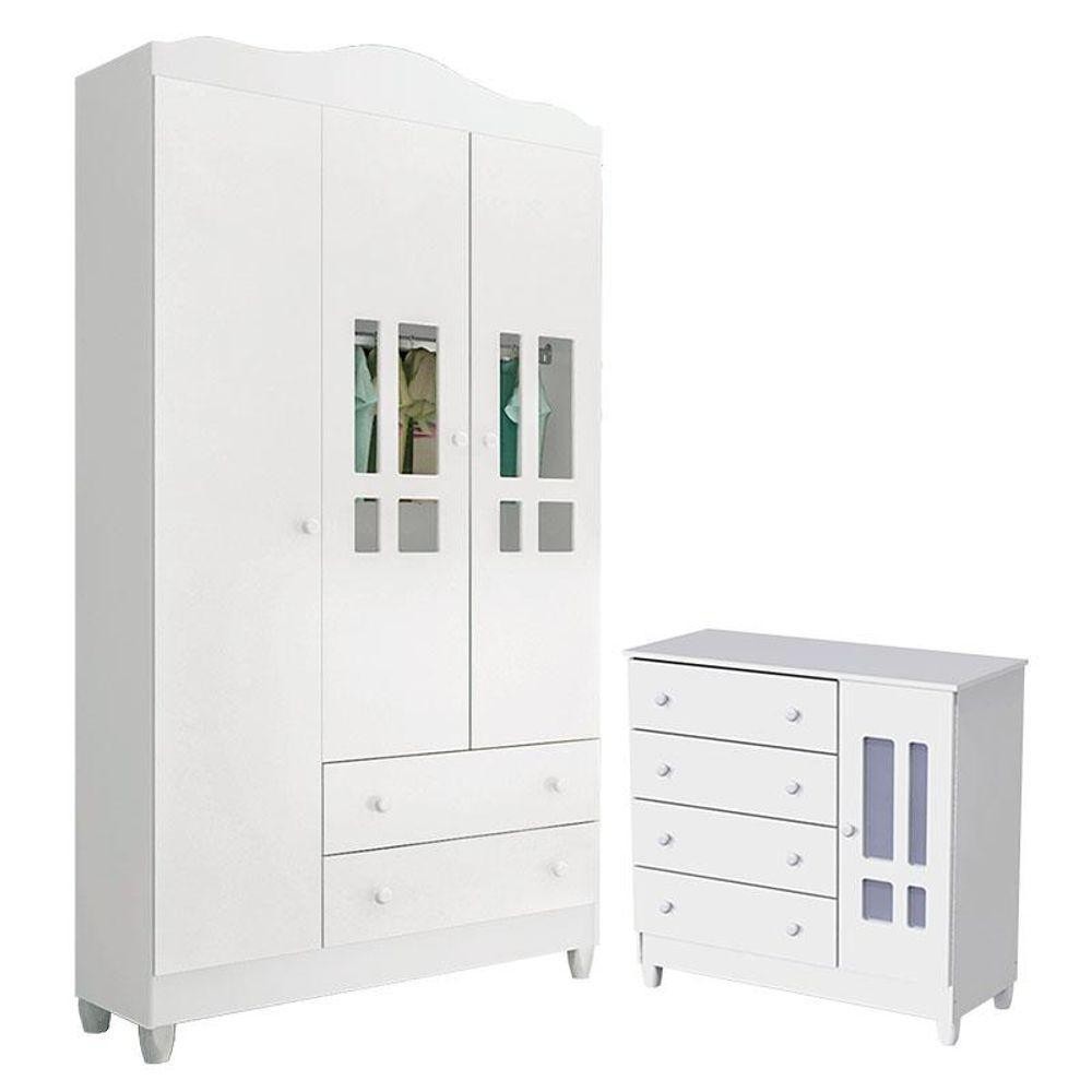 Cômoda E Guarda Roupa Infantil Ariel 3 Portas Branco Brilho - Carolina em Oferta na Shopee