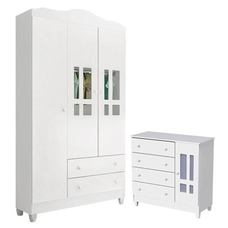 Cômoda E Guarda Roupa Infantil Ariel 3 Portas Branco Brilho - Carolina em Oferta na Shopee