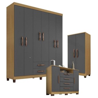 Guarda Roupa Casal Modena Com Cômoda Madri E Armário Multiuso Recife Carvalho Americano Grafite - Incorplac em Oferta na Shopee