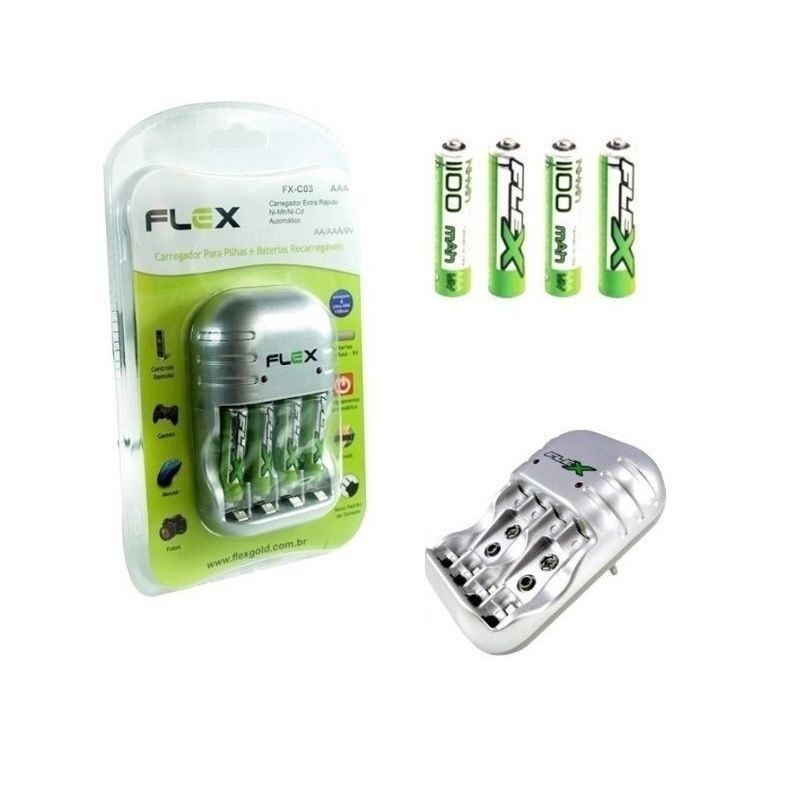 Carregadores Flex De Pilha C/ 4 Pilhas Aaa Mod. Fx-C03-Aaa Flex