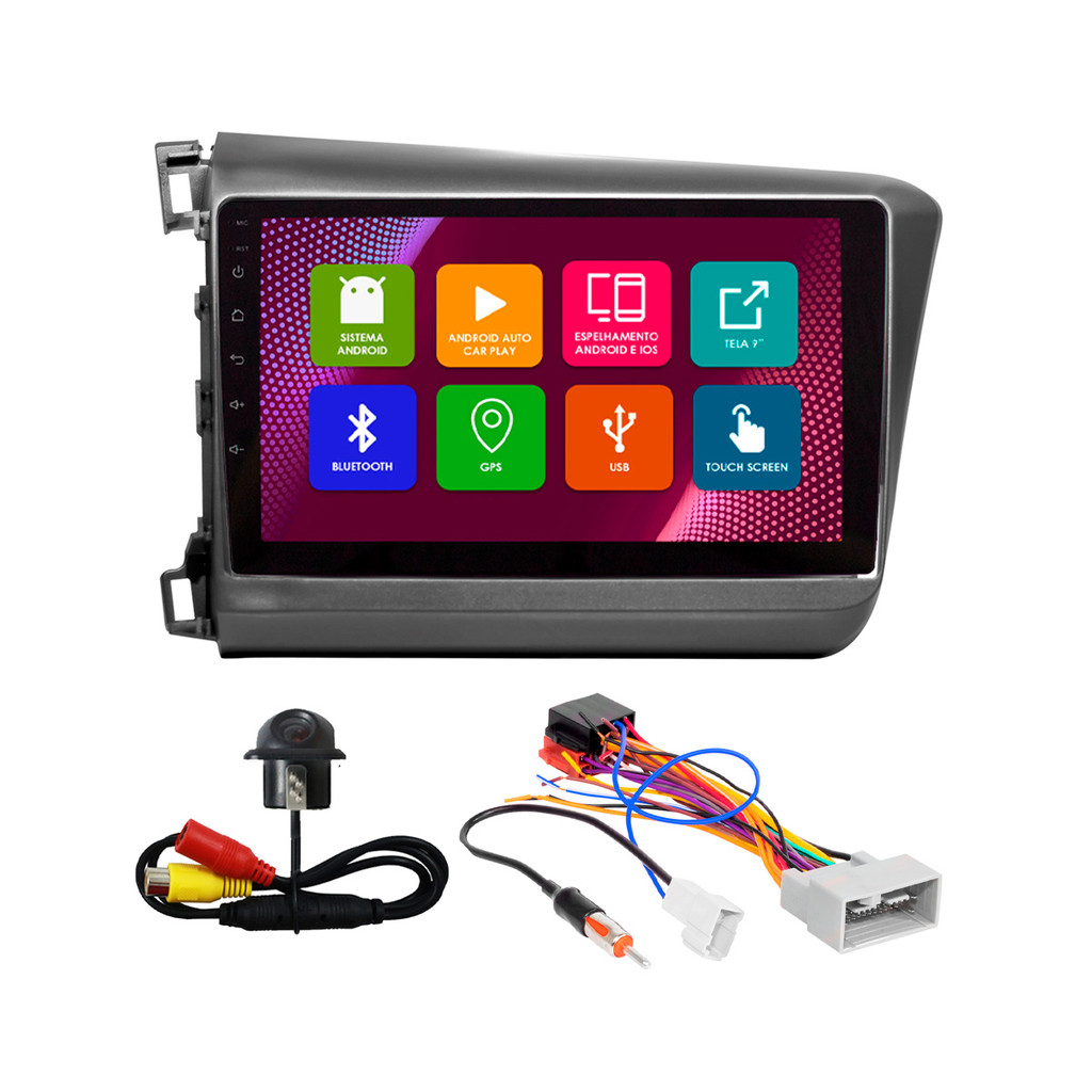 Kit Multimídia 9 Pol Civic 2012 2013 2014 2015 2016 Android 2Gb Ram 32Gb Flash Quad-Core 2 Din Grafite Wifi Gps Tela Ips em Oferta na Shopee