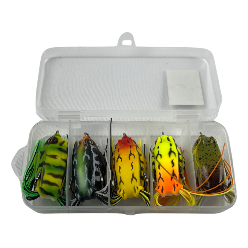 Kit Estojo Com 5 Iscas Artificiais Sapinho Sapo Frog 4,5cm  Anzol Anti Enrosco Artificial Pesca Traíra Tucunaré