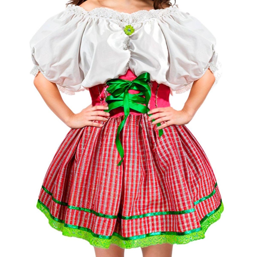 Vestido Festa Junina Infantil Xadrez pra Menina de Luxo Rodado Acinturado 3 a 12 anos Verde Neon PP 3 - 4
