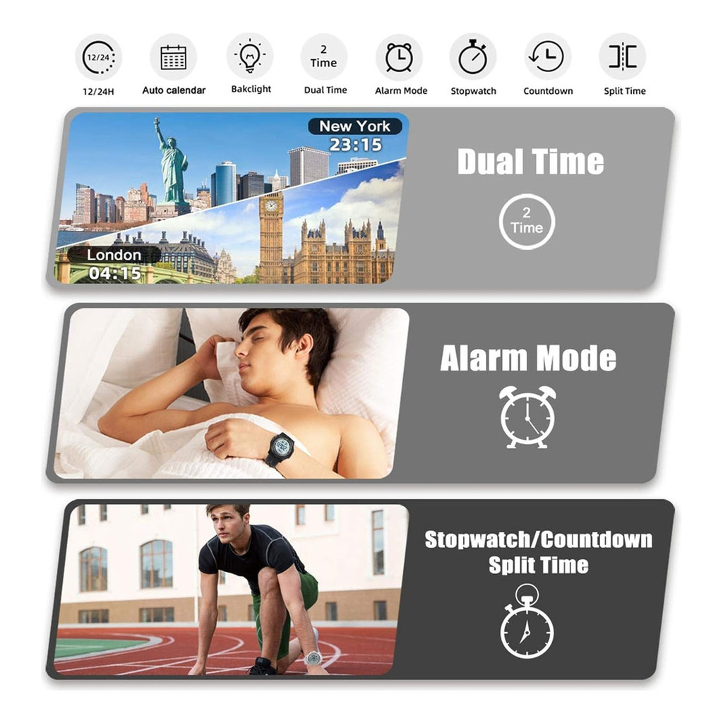 Relógio Digital Masculino À Prova D'água 50m Preto/branco