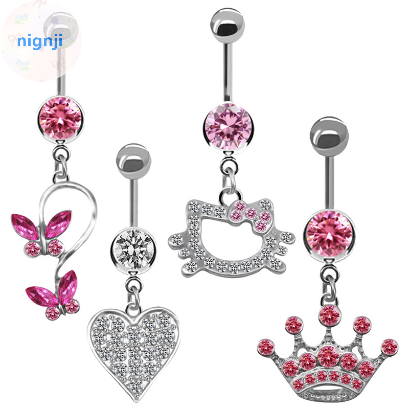 Nignji Belly Button Ring For Women Trendy Pink Butterfly Cute Cat Design Sexy Fashion Navel Rings Jóias De Aço Inoxidável BR