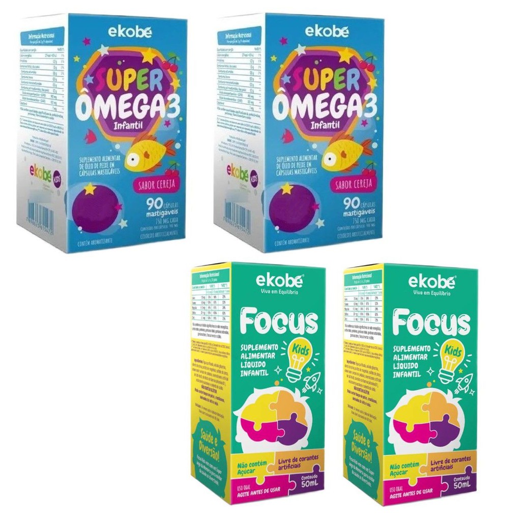 2x Focus Kids Para Memória + 2x Super Ômega 3 - Ekobé Kids