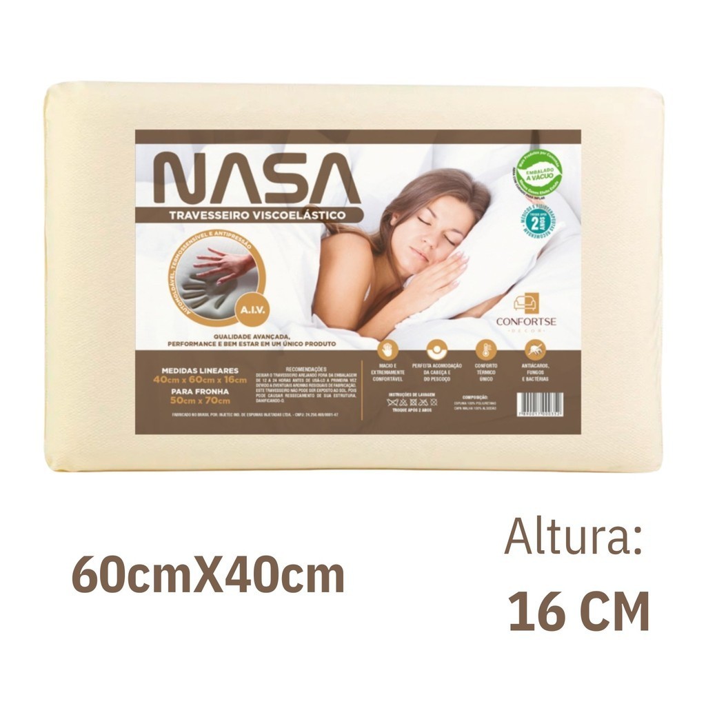 Travesseiro Original NASA Sono De Qualidade Viscoelástico Antialérgico Malha Antiácaro Confortse