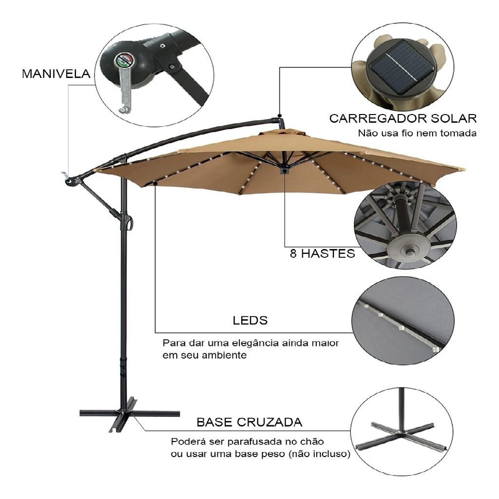 Ombrelone Guarda Sol De Praia Jardim Bege Lateral 3 metros Com Led — imagem 2 de 2