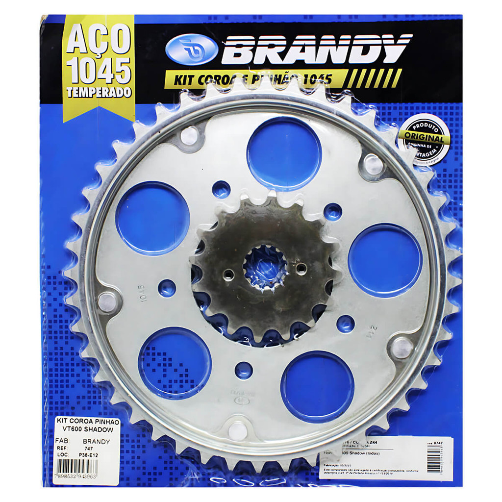 Kit Coroa Pinhão VT600C Shadow 1995 a 2005 44Dentes 16Dentes Aço 1045 Uso Corrente 525Passos Brandy