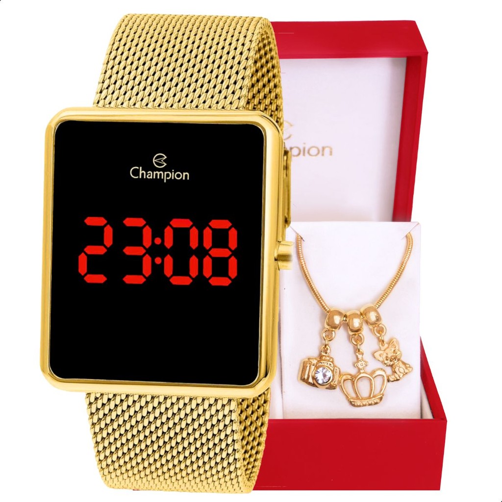 Relógio Feminino Champion CH40083V Digital Quadrado Dourado, com Pulseira de Berloques, Estilo, Moda, Presentes. - Watches