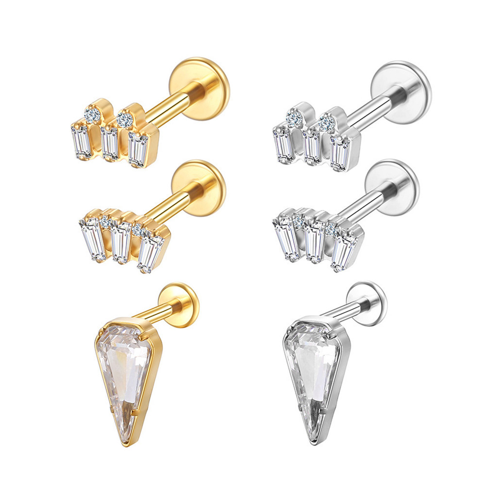 3PCS Kit Piercing Helix Conch Tragus Labret Titânio Pvd 3 Zirconia Retangular em Oferta na Shopee