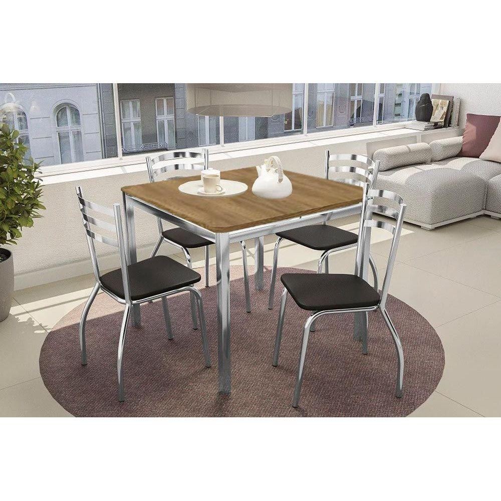 Sala de Jantar Completa Reno c/ Tampo de Madeira 90cm + 4 Cadeiras Portugal Cromada/Preto 110 - Kappesberg em Oferta na Shopee