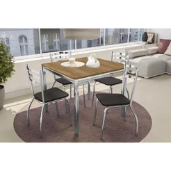 Sala de Jantar Completa Reno c/ Tampo de Madeira 90cm + 4 Cadeiras Portugal Cromada/Preto 110 - Kappesberg