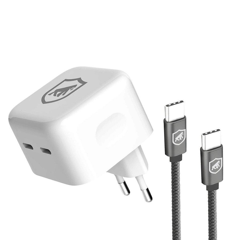 Cabo Symetric - Tipo C / Tipo C - 1,5M + Carregador de Parede Turbo Duplo - Gshield em Oferta na Shopee