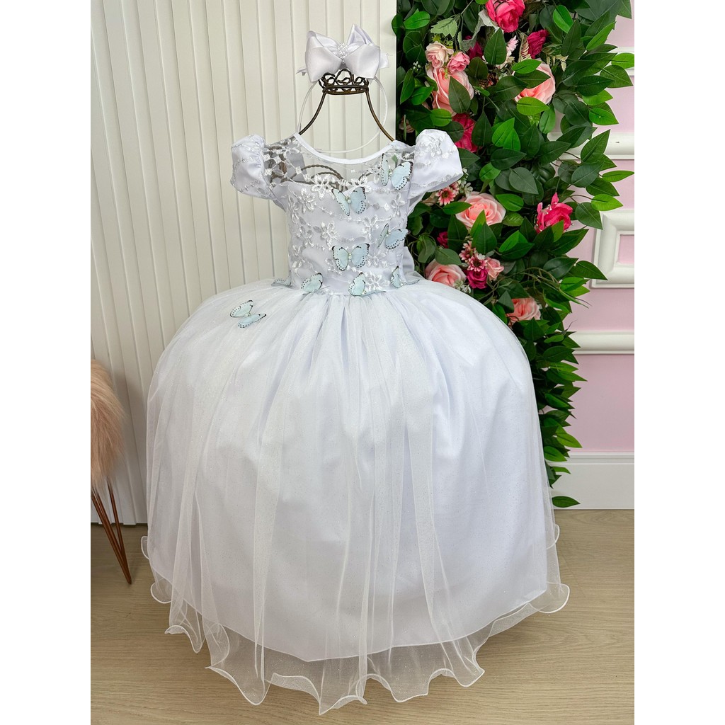 Vestido Vila Lele Longo Jardim Encantado Borboletas Branco