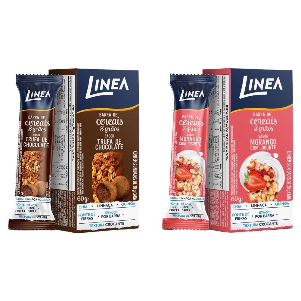 Kit 2 Caixas de Barra de Cereal 3 Grãos Integrais Linea Sabor Morango com Iogurte e Trufa de Chocolate 3 unidades de 20g em Oferta na Shopee