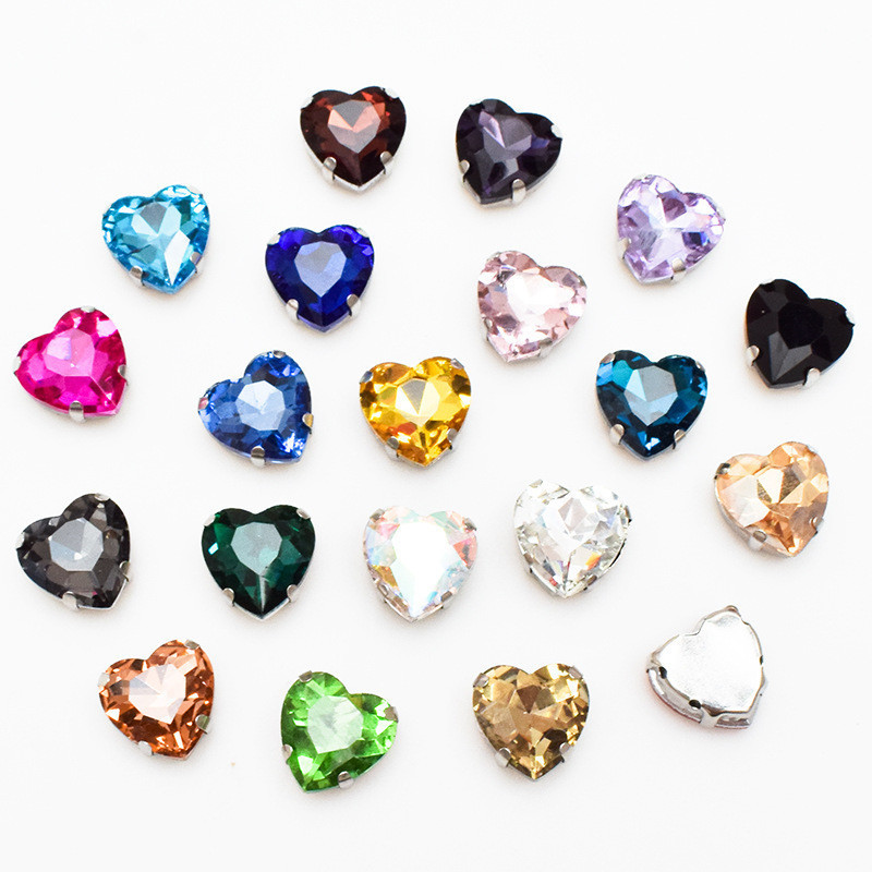 50 Peças Formato De Coração 10mm/12mm Cristal Com Garra De Prata Costurada Em Strass Para Decoração Faça Você Mesmo
