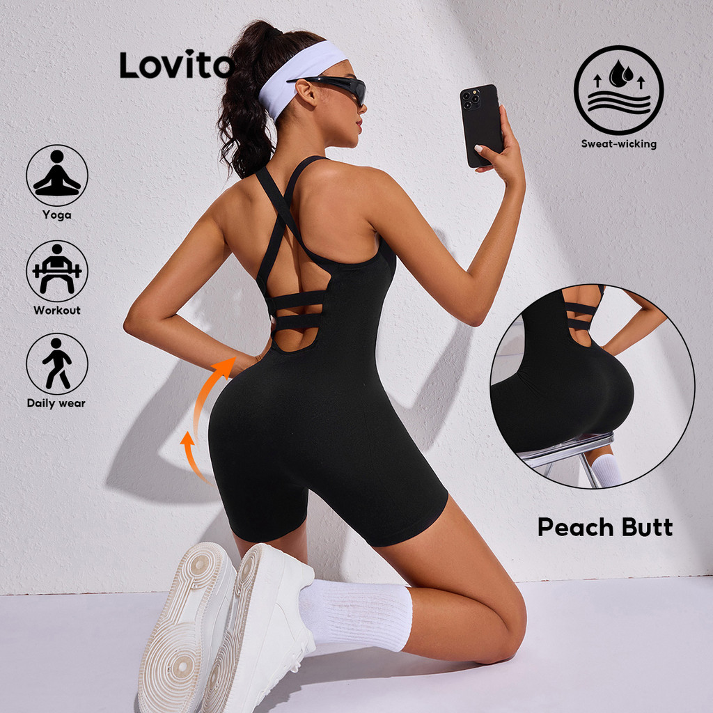 Lovito Macacão esportivo casual simples cruzado sem costas para mulheres LBL17273 - Women Clothes