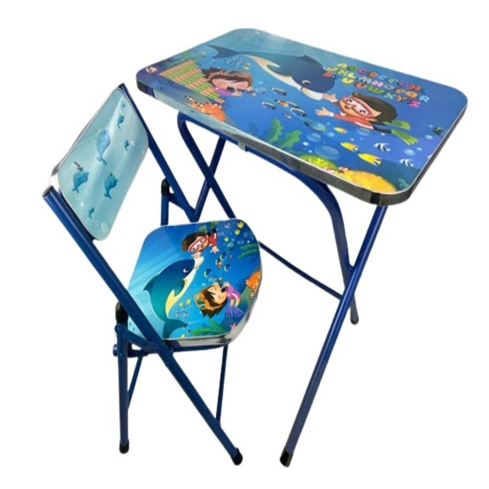 KIT EDUCATIVO MESA INFANTIL COM CADEIRA DOBRÁVEL AZUL PARA CRIANÇAS