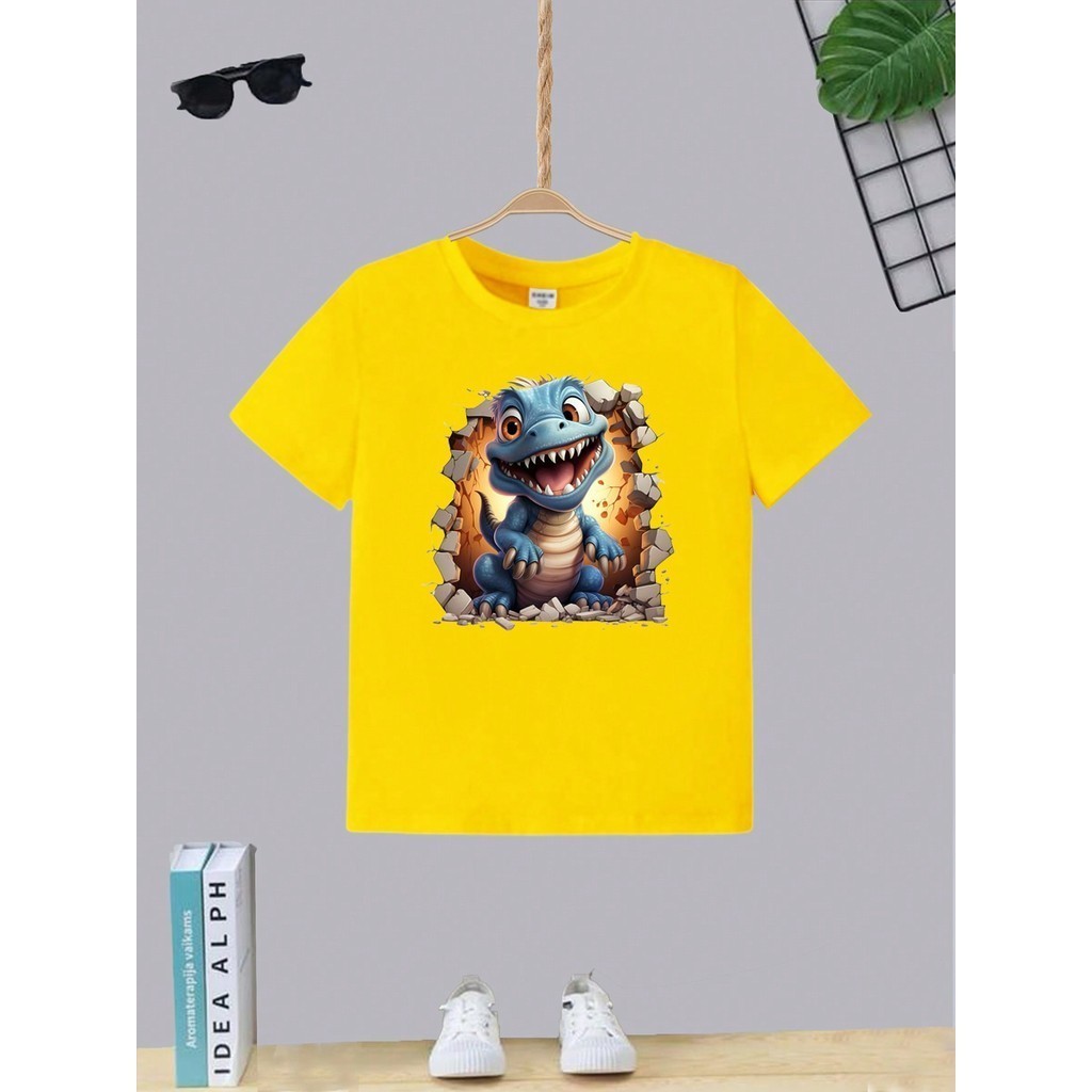 Camiseta Infantil Juvenil Teen Menino Estampa Dinossauro Azul T-shirt Masculina Moda Algodão Gola Redonda