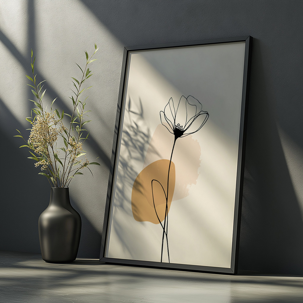 Quadro Decorativo Flor Minimalista Abstrata Bege Simples Linha Moderna Arte Contemporânea