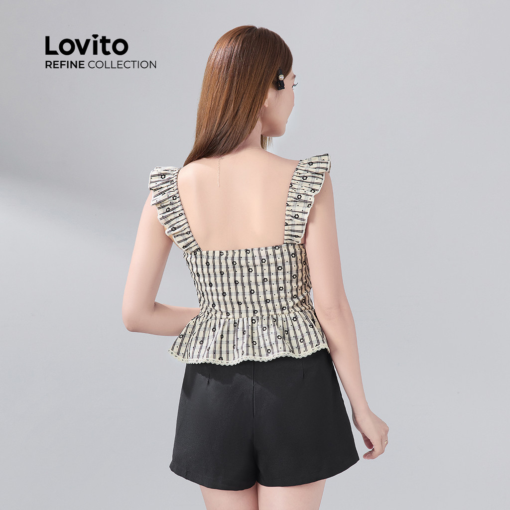 Detalhes do (Lovito Refine) Conjuntos Shorts Casuais Laço Gola Plissada Primavera/verão Preto Conjunto Shorts Para Mulheres LR12A178
