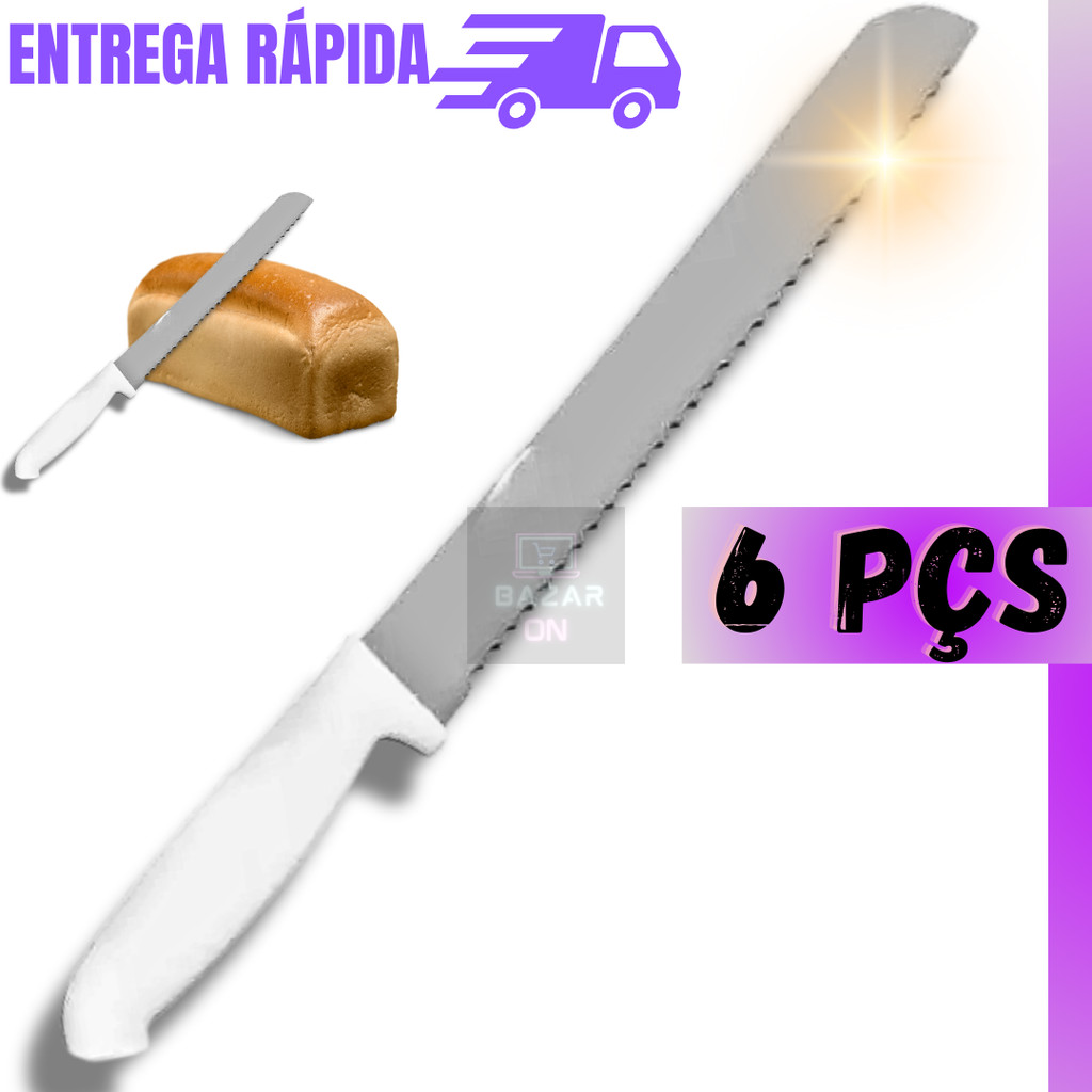 Jogo 6 Facas Para Pão Grande 32cm Com Serra Afiada Cabo Ergométrico Branco Profissional Kit Aço Inox
