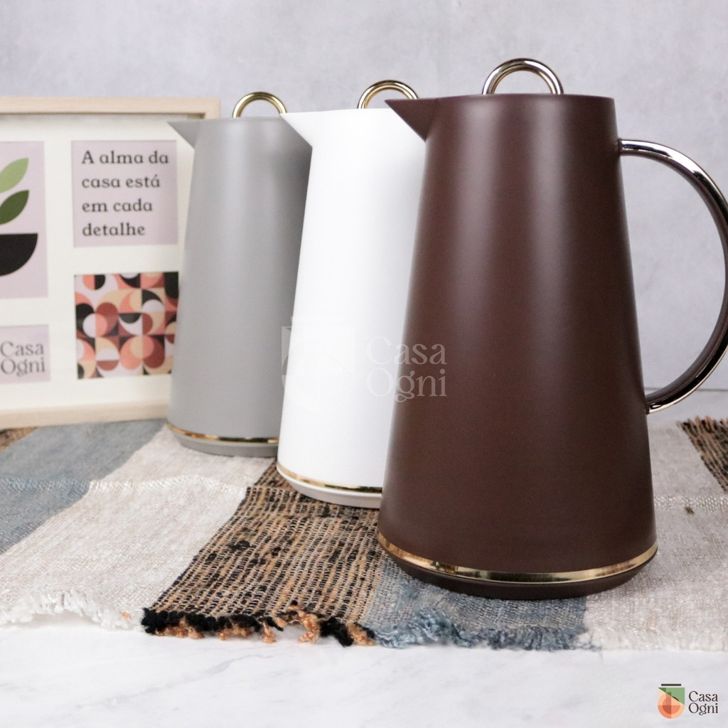 Garrafa Térmica Samira 1L Café Chá Alça Metalizada Dourada Click Abre-Fecha Branca, Marrom ou Cinza em Oferta na Shopee
