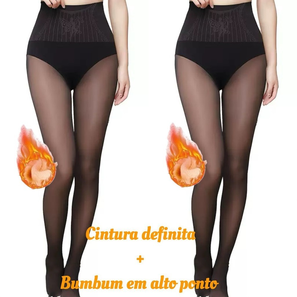 Nova Meia calça translúcida Com Forro de Pelúcia Preto lisa estampado bolinha coração