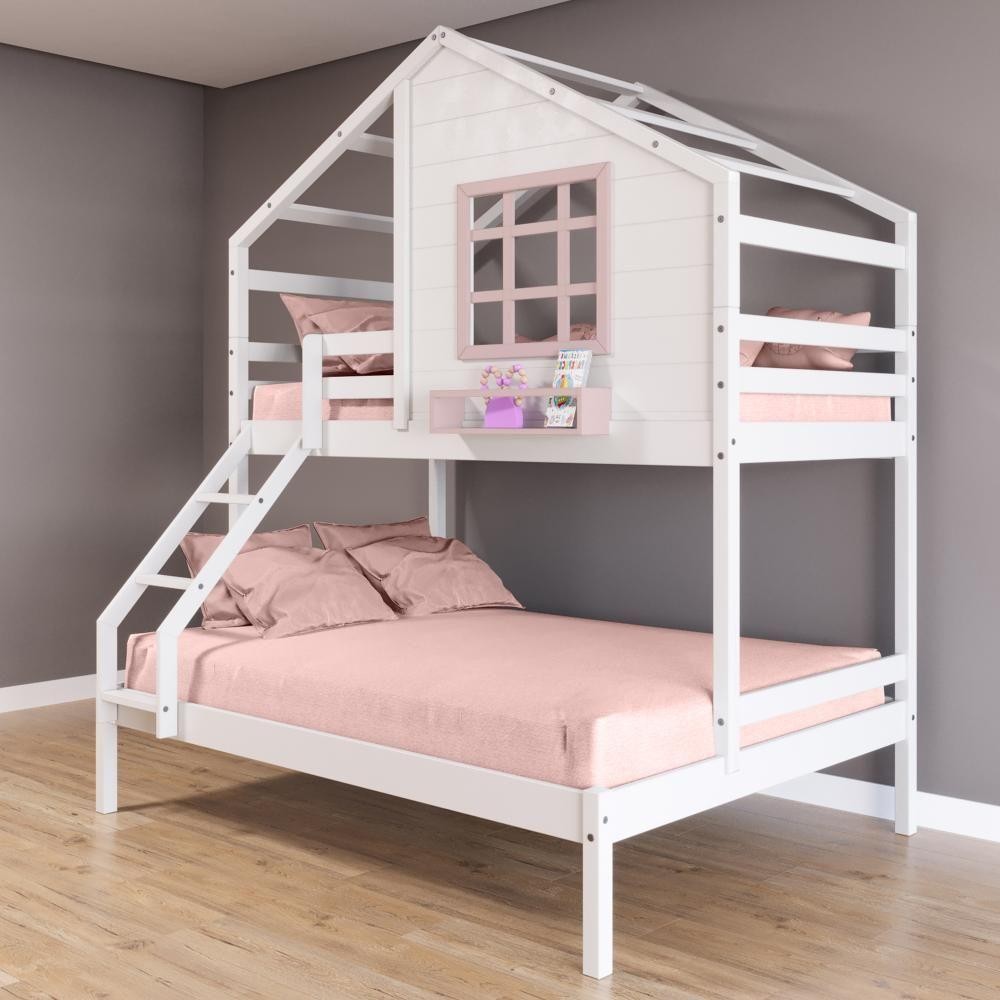 Beliche Casinha Com Janela Casal/solteiro Madeira Maciça Branco/ Rosa Housin em Oferta na Shopee