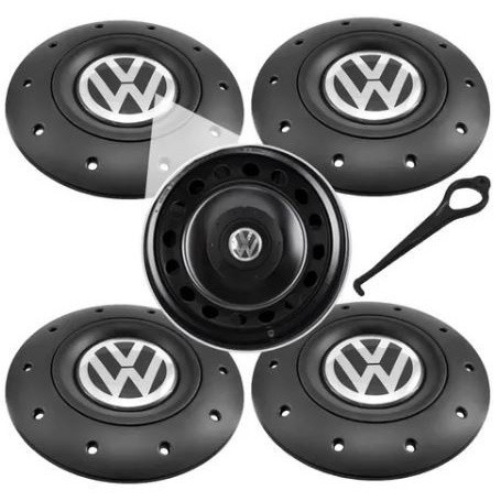 JOGO DE COLETA CENTRAL ESTILO AMAROK COM LOGO VW 4 FUROS 4X100 PARA O ARO 14 E 15 ENCAIXA EM PARAFUSOS 17 E 19