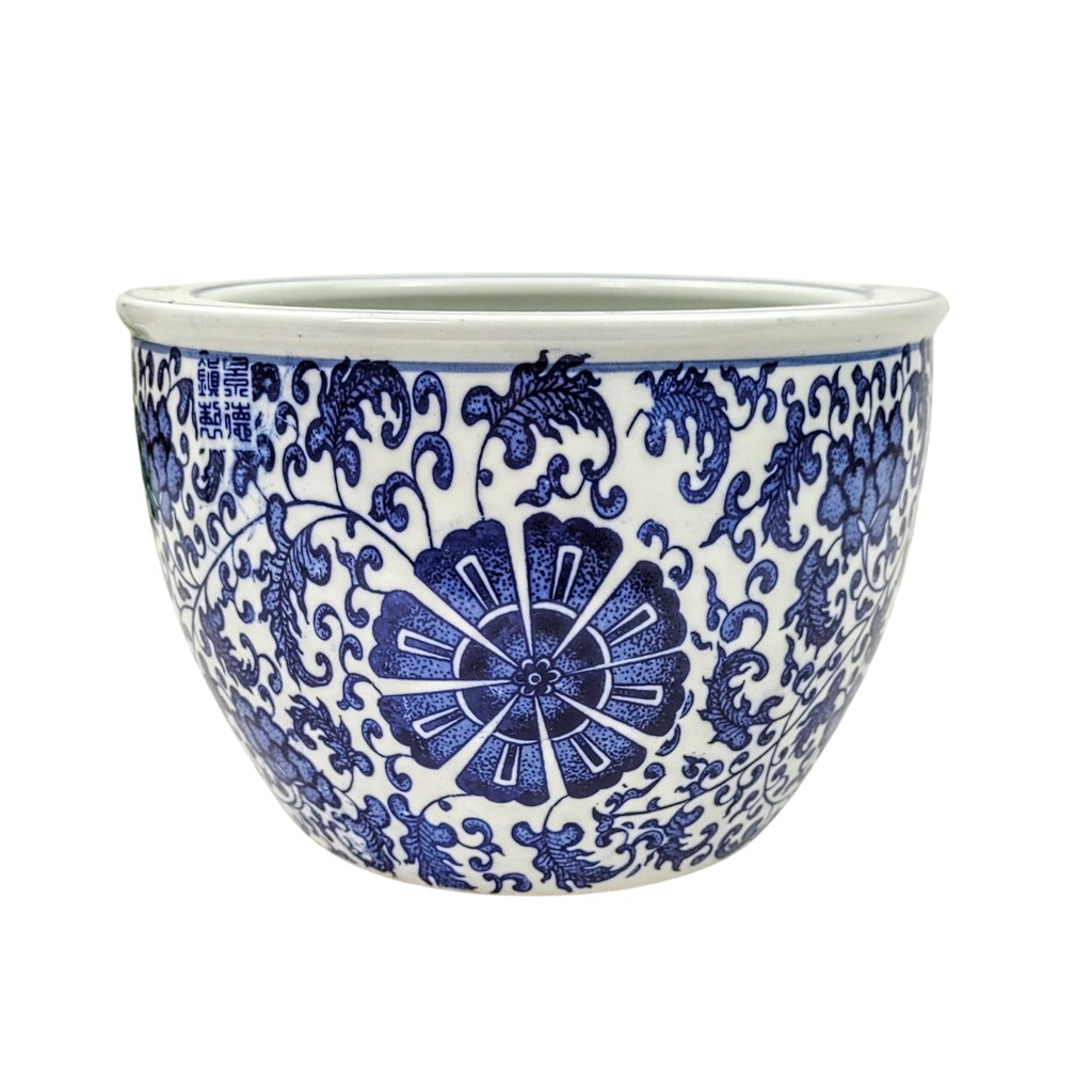 Vaso Cachepot Azul E Branco Porcelana Floral Decorativo P