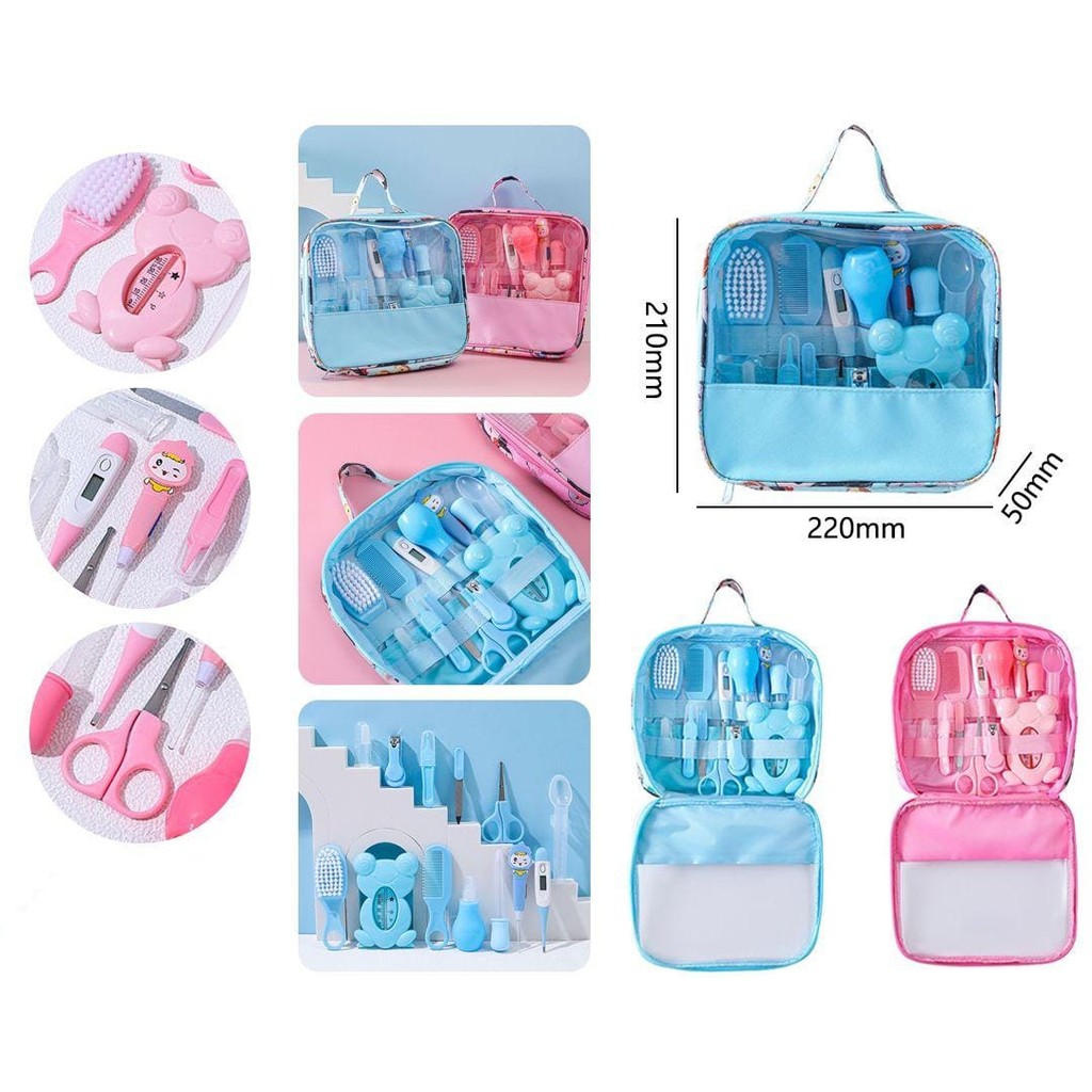 Kit Completo de Higiene para Bebê Estojo Portátil com 13 Peças, Azul/Rosa, Cuidados Diários DKL